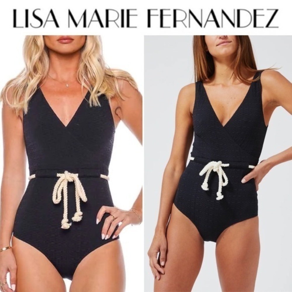 LISA MARIE FERNANDEZ Yasmin belted wrap-effect seersucker swimsuit sz 0 XS NWT